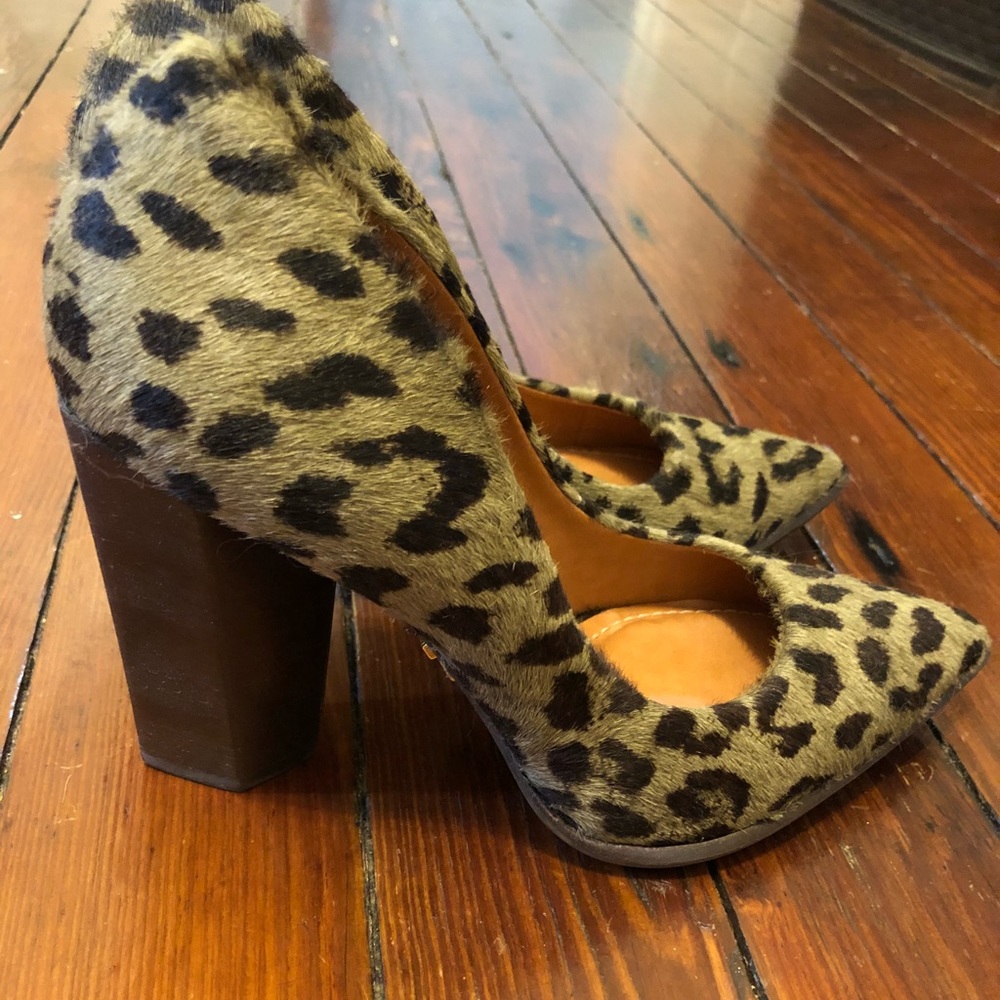 Green leopard fur chunky heels size 8, 39 EUR